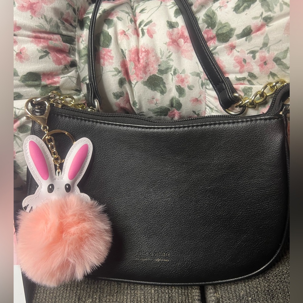 Juicy Couture Black Leather Shoulder Bag with Pink Bunny Pom Charm